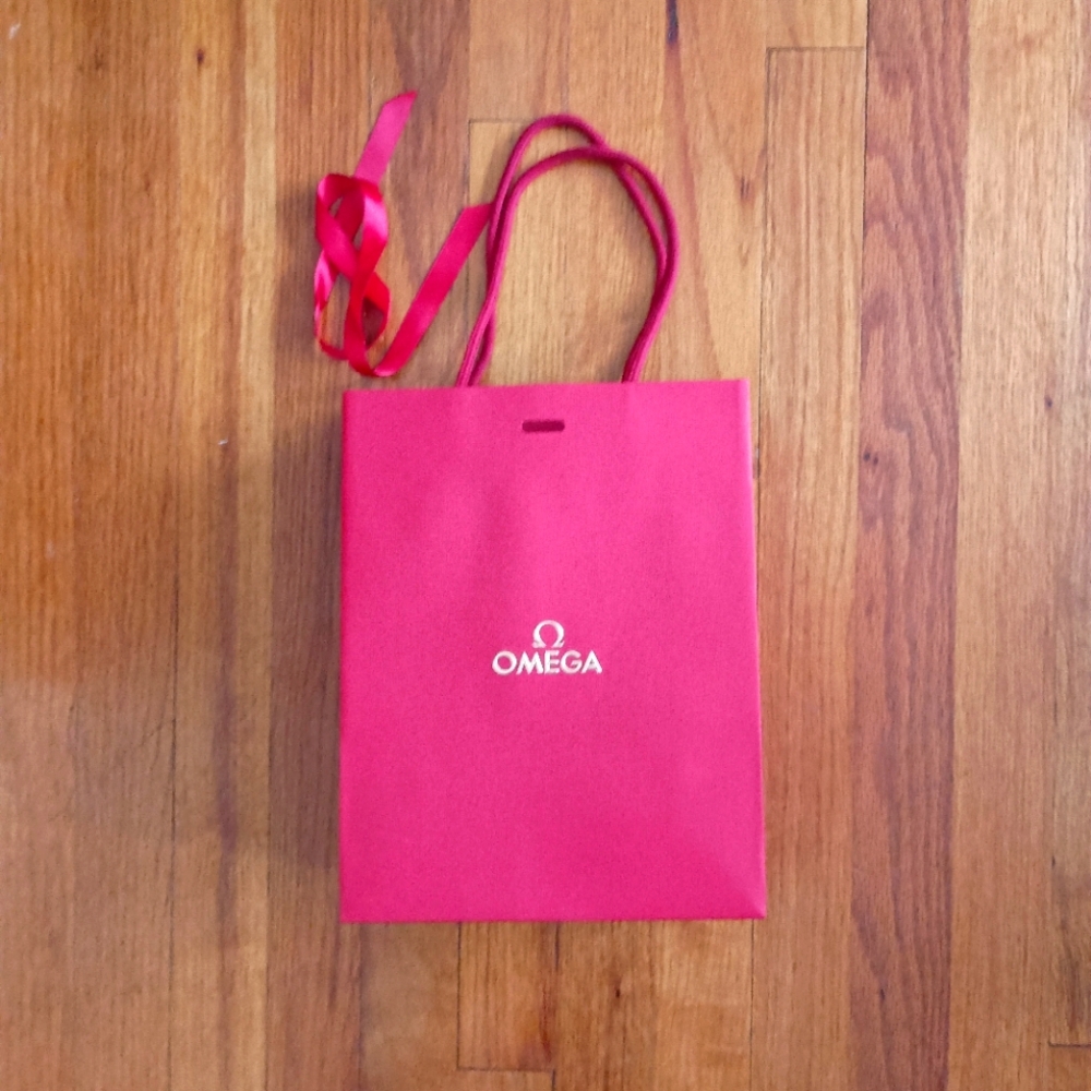 NEW Omega Red & Gold Gift Shopping Bag with Ribbon